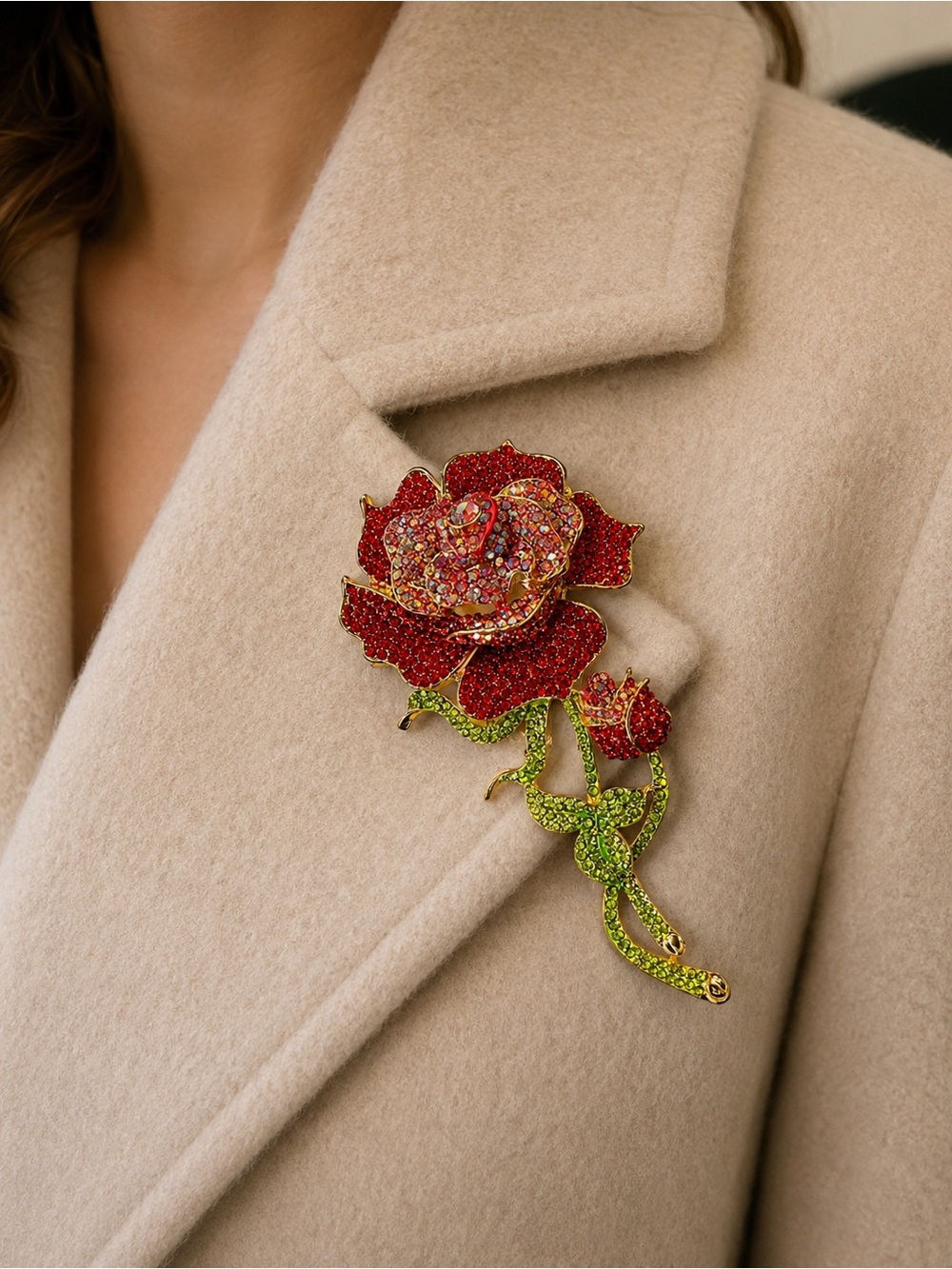 Crystal Rhinestone Embellished Red Rose Brooch